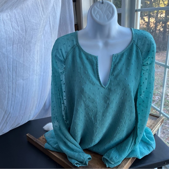 3/$40 Xl George Teal Blouse Sheer with lining raised polka dots - Picture 7 of 8